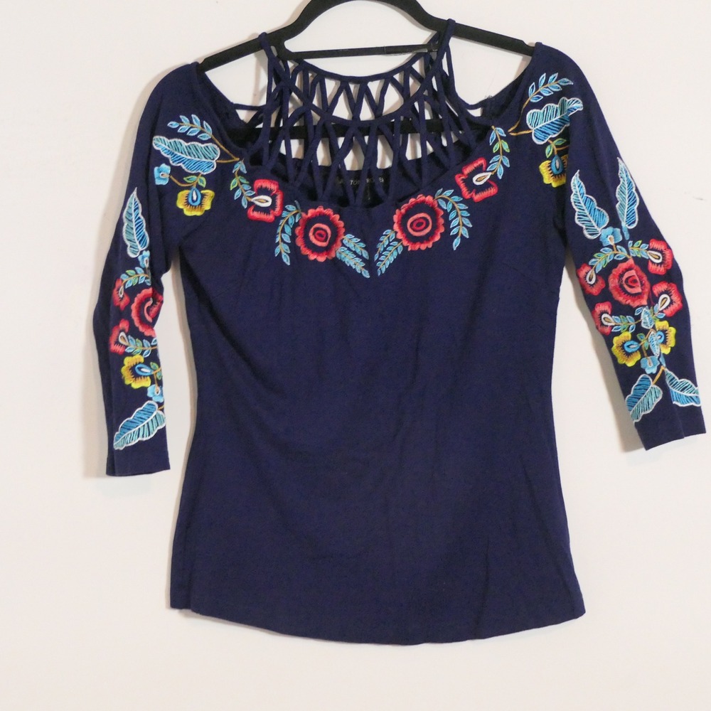Boston Proper Womens Top S Navy Floral Embroidered Lattice Cold Shoulder Boho